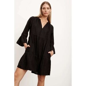 Velvet by Graham & Spencer Black 100%‎ Linen Aurora Tiered Dress Boho Tent Shift